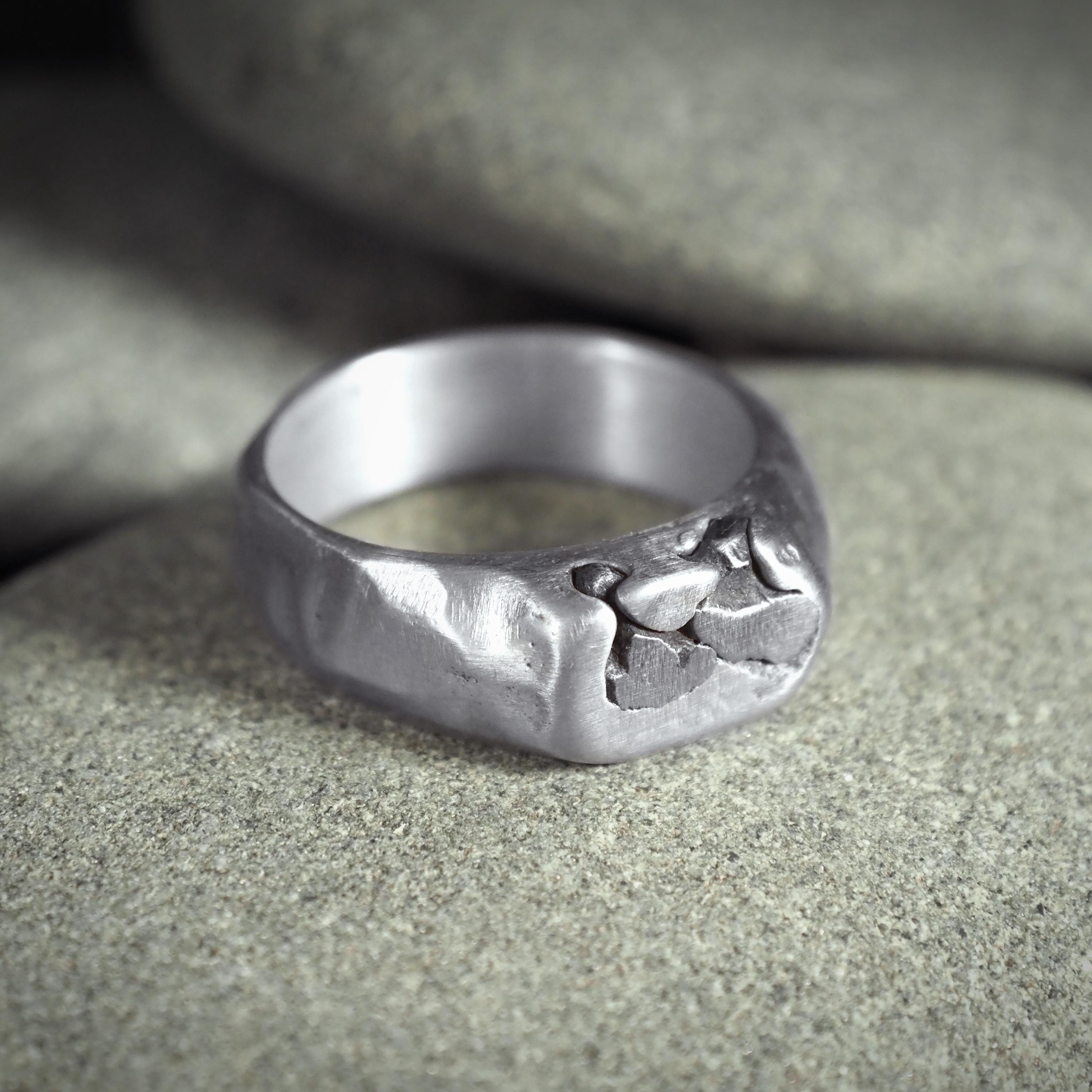 Meteorite and Solid Sterling Silver Signet Ring - Size 10 - Totally Hand Forged