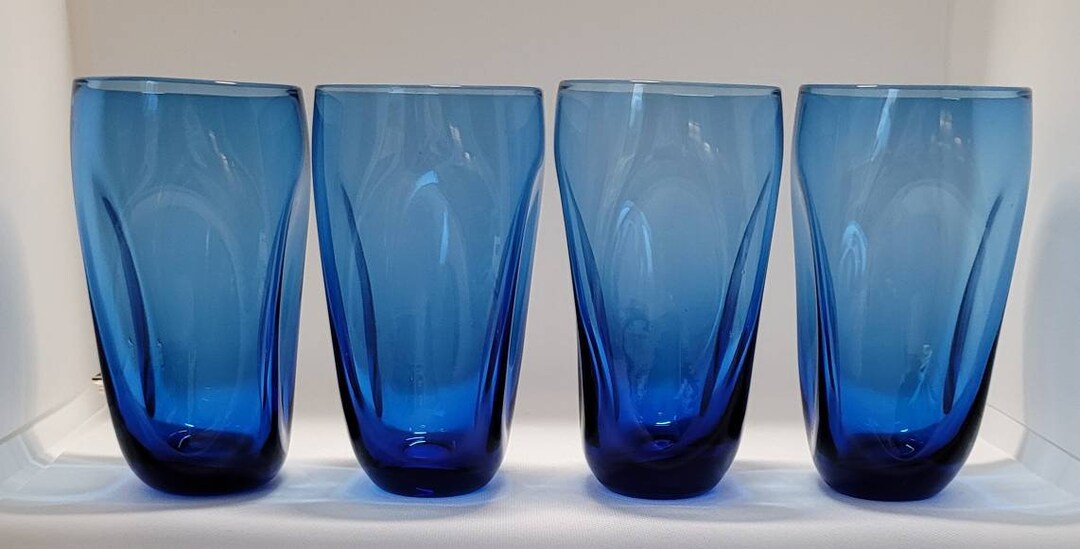Vintage Blue Glass Tumblers Blue Glass Highball Glasses Etsy