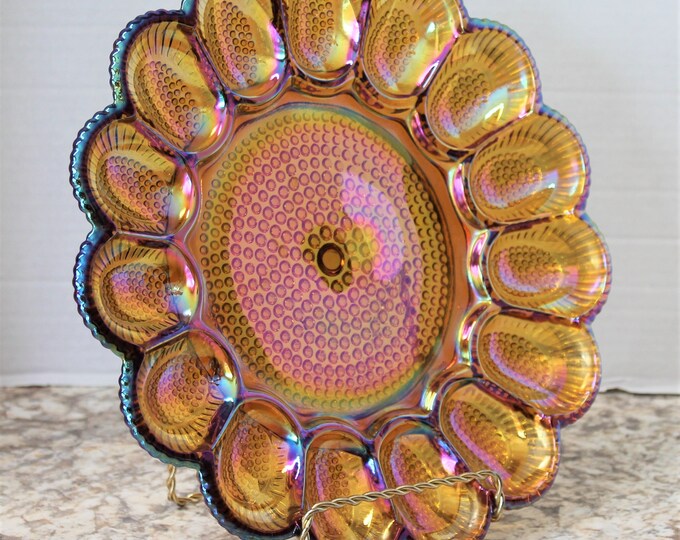 Vintage Carnival Glass Deviled Egg Platter Indiana Glass Bubble Hobnail