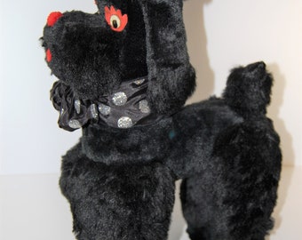 Vintage Large Stuffed Poodle - Black Standing Stuffed Poodle Toy - Vintage 1950's 60's Black Poodle Stuffie - Vintage Black Poodle with Bow