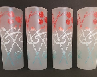 MISFITS-Vintage Frosted Flying Elephant and Unicorn Cocktail Glasses-Frosted Cherry Tallboy Glasses-Stir Stick and Cherry Frosted Tumblers