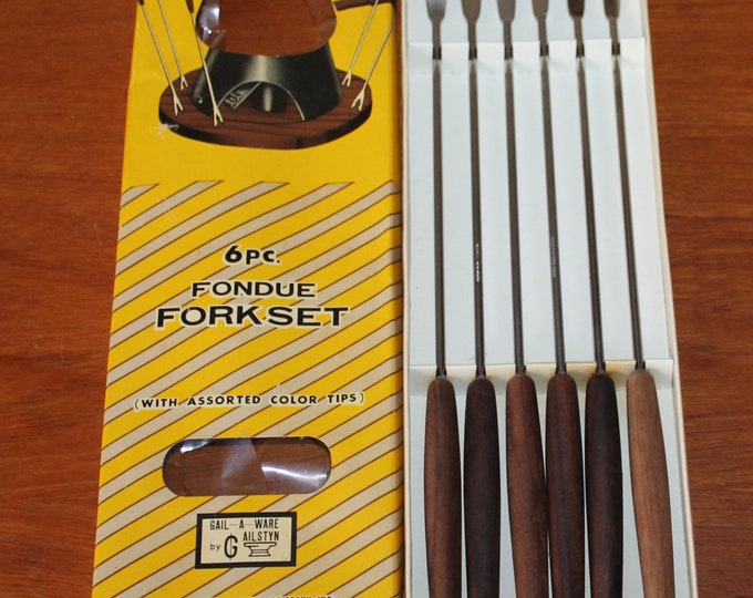 Vintage Fondue Fork Set Mid Century Modern Teak and Stainless Steel