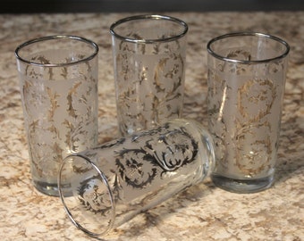 Mid Century Modern Glassware - Silver Scroll Frosted Glasses - Vintage Holiday Glassware - Vintage Barware