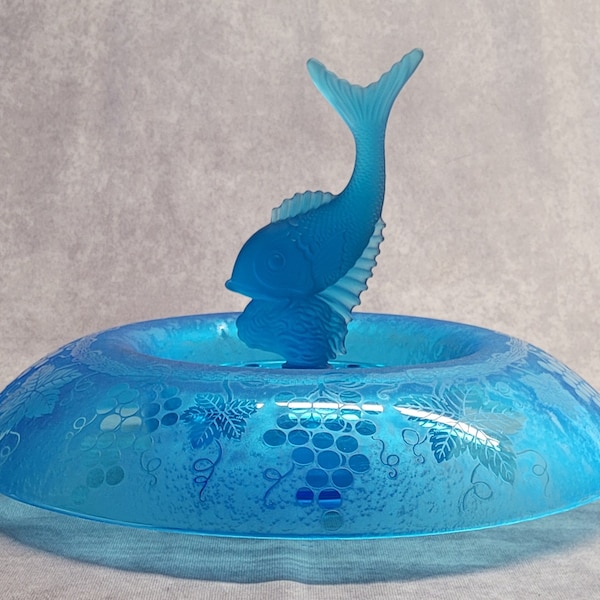 Vintage Float Bowl with Flying Fish Finial and Flower Frog- Art Deco Float Bowl-Floral Centerpiece Glass Blue Frosted Float Bowl