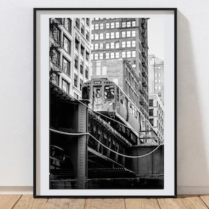 Chicago Train Print Fine Art Photography Black and White Chicago Artwork Cityscape Print