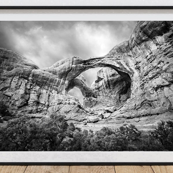 Arches National Park Poster Black and White Photography Print Utah Artwork Arches National Park Art Double Arch Print Moab Photography