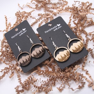 Geometric Circle Mountain earrings -  silver dangling earrings made from natural walnut and hard wood - Nature scene earrings