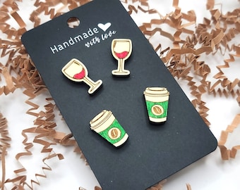 Wine glass and coffee cup earrings made from natural hard woods - Wine glass earrings - Coffee cup stud earrings.