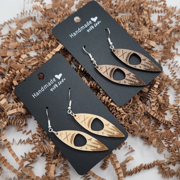 Kayak silver dangling earrings made from natural walnut and hard wood - Nature scene earrings - nature and kayak jewelry - boaters gifts