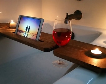 Bath Tub Tray- Stained / Sliver woodworking / Bathroom Accessories / Candle holder / Wooden phone case / Great Birthday gift / bath caddy