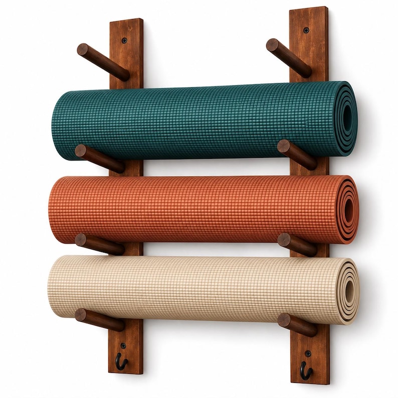 May include: A wall-mounted wooden rack with two vertical supports and six horizontal pegs holding three rolled yoga mats in teal, terracotta, and beige. The rack features two small black metal hooks at the bottom for additional storage.
