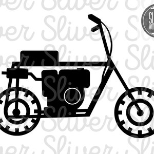May include: Black and white silhouette of a mini motorbike with a single seat and two large wheels.