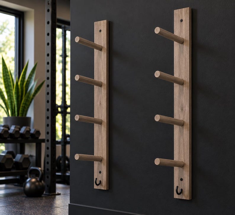 May include: Two vertical light brown wooden wall racks, each featuring four horizontal cylindrical pegs and a small black metal hook at the bottom, mounted on a dark wall for storage of gym equipment or accessories.