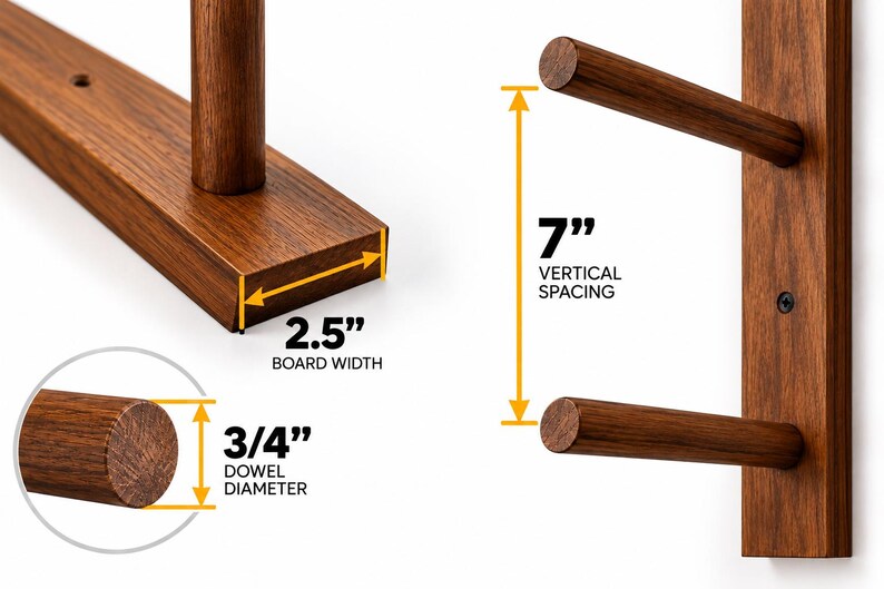 May include: A dark brown wooden wall rack with cylindrical dowels. The board width is 2.5 inches, the dowel diameter is 3/4 inches, and the vertical spacing between the dowels is 7 inches. The rack features visible screw mounting points.