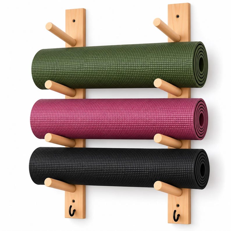 May include: A wall-mounted light wood storage rack featuring two vertical panels with six horizontal pegs holding three rolled yoga mats in olive green, magenta, and black. Two small black metal hooks are attached to the bottom of the rack.