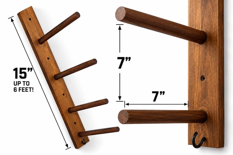 May include: A dark brown wooden wall rack featuring four horizontal pegs and a small metal hook at the bottom. The rack measures 15 inches in length, with 7 inches of vertical space between pegs and 7 inches of depth for each peg.