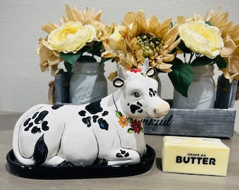 Hand-Painted Ceramic Cow Butter Dish with Lid, Farmhouse Kitchen Decor