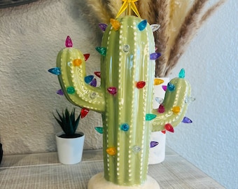 Ceramic Cactus Tree with Lights, Sage Green - Boho Cactus Decor - Colored Lights