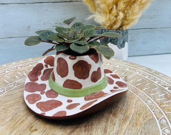 Hand Painted Ceramic Cowboy Hat, Boho Decor, Neutral Cow Print Hat, Cowgirl Gift, Boho Cowgirl Hat, Sage Cowgirl Hat with Cow Print