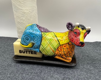 Hand-Painted Colorful Cow Butter Dish with Lid: Farmhouse Kitchen Decor