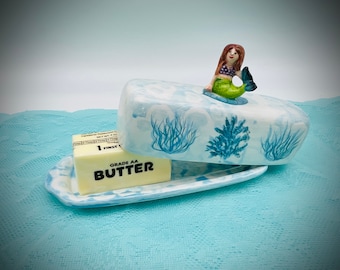 Mermaid with Ocean Scene Ceramic Butter Dish with Lid - Colorful Butter Dish - Hand-painted - Mermaid Kitchen - Mermaid Decor  - Unique Gift
