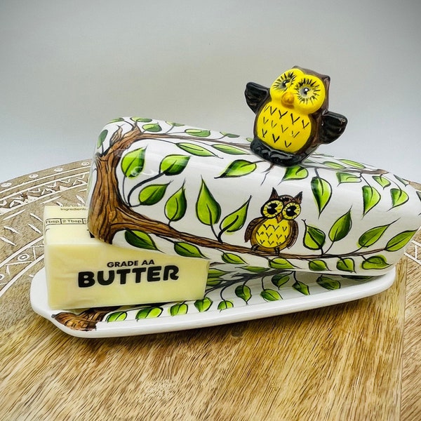 Owl Ceramic Butter Dish with Lid - Colorful Butter Dish - Owl Kitchen - Owl Lover - Unique Gift