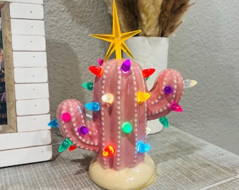 Pink Christmas Cactus Tree, Vintage Style Light-Up Cactus, Pink Cactus Tree - Unique Mini Cactus  - Desert Decor - Desert Valentines