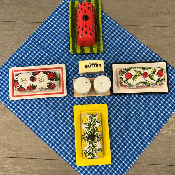 Butter Dish - Hand-painted Ceramic Fruity Butter Dish with Lid - Summer Butter Dish - Watermelon - Strawberries - Lemon  - Unique Gift - BBQ