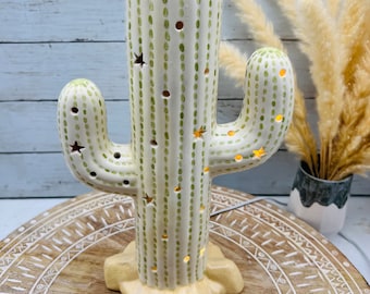 15" Light-Up Ceramic Christmas Cactus, Sage Green Boho Decor