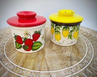 French Butter Crock - Hand-painted Ceramic Fruity Butter Dish with Lid - Butter Holder - Strawberries - Lemon  Unique Gift - BBQ