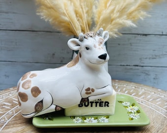 Cow Butter Dish with Lid: Hand-Painted Daisies, Farmhouse Kitchen Decor
