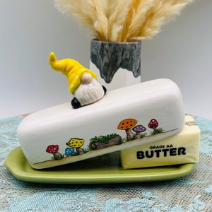 Gnome Ceramic Butter Dish - Colorful Butter Dish with Lid - Whimsical Kitchen - Gnomes  - Mushrooms - Unique Gift