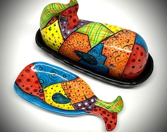 Whale Shaped Ceramic Butter Dish with Lid and Matching Spoon Rest - Colorful Butter Dish - Patchwork