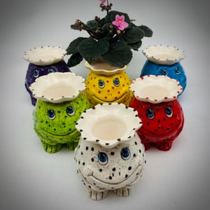 May include: Six colorful ceramic frog planters with white rims and painted faces. The planters are decorated with polka dots and have different colored eyes. A small green plant is in one of the planters.