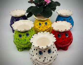 Hand-Painted Frog African Violet Pot – Mini Self-Watering Planter