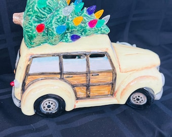 Vintage Light-up Christmas Woody Car - Christmas Tree Light-Up - Christmas Light - Christmas Decor - Beachy Christmas Decor - Brown