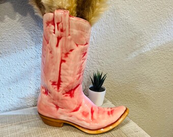 12" Cowboy Boot Vase, Handpainted Boot Vase, Boho Decor - Pink Cowboy Boots - Cowgirl Boot Vase - Western Vase - Cowgirl Boot Vase