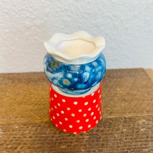 May include: A small, blue and white ceramic planter with a white rim and a red polka dot base.