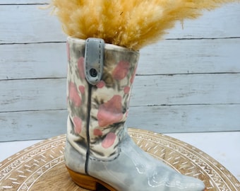 Rustic Pink Ceramic Cowgirl Boot Vase, Boho Flower Vase, Cow Print Vase, 10.5 inch Vase, Western Style Wedding