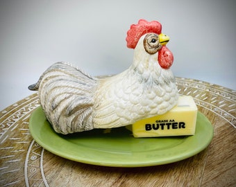 Rooster Butter Dish - Boho Style -Farmhouse Butter Dish, Rooster, Chicken, Farmhouse Kitchen, Hand-painted Ceramic Butter Dish with Lid