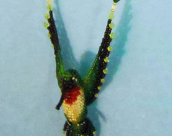 SPECTACULARLY Beautiful Beaded Broad-tailed Hummingbird or Ruby-throated Hummingbird Hanging Sculpture with Crystal
