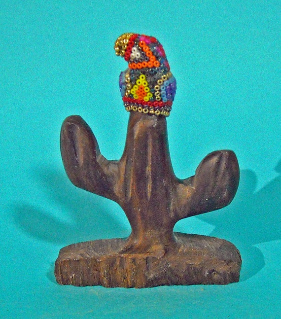 Amazing Miniature Huichol Native Intricately Beaded Parrot on Carved Ironwood Cactus.