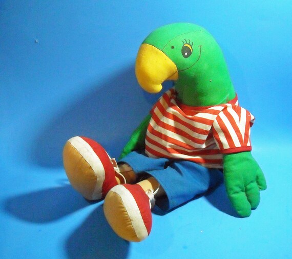 Unique Delightful Plush Parrot Boy red and White Striped Shirt, Blue Shorts, Red Sneakers