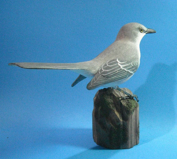 Lifesize Northern Mockingbird Wood Carving Wood Sculpture on base by Hummingbird Studio