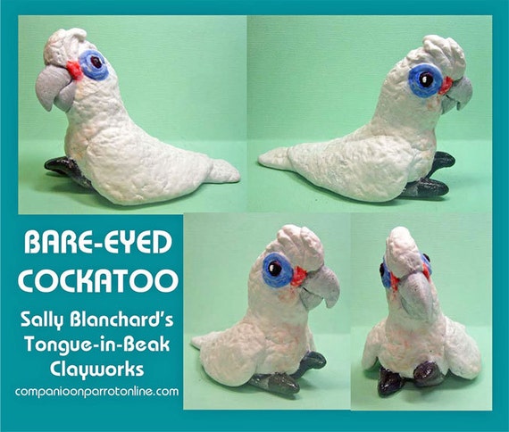 BARE-EYED COCKATOO Tongue-in-Beak Clayworks by Sally Blanchard