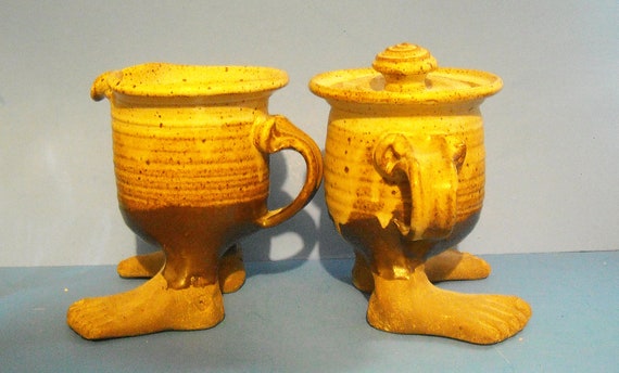 Unique Vintage Art Pottery Ceramic Footed Cream and Sugar Pair