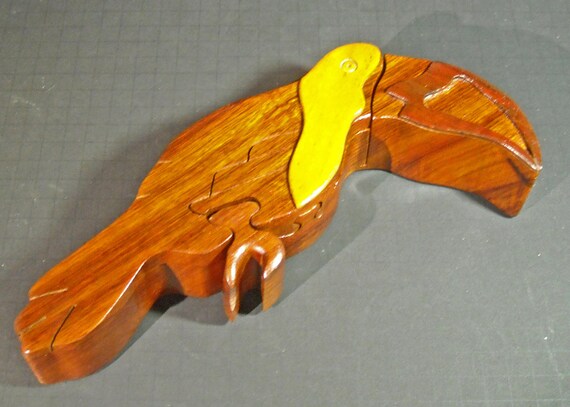 Native Hardwood felt-lined Toucan Puzzle felt-lined Jewelry (etc.) Box Made in Costa Rica by Hardwood Handicrafts