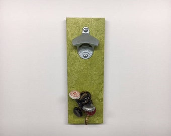 Green Linoleum Magnetic Bottle Opener-Magnetic Bottle Opener-Repurposed Linoleum Flooring-Magnetic Bottle Cap Catcher