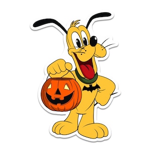 May include: A cartoon yellow dog wearing a green and black bat costume holds a jack-o'-lantern bucket.