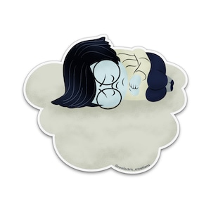 May include: A blue and white cartoon character with black hair and glasses is sleeping on a cloud. The character is wearing a white shirt and blue trousers. The cloud is light grey with a textured surface. The text "@coolelectric_creations" is at the bottom of the image.